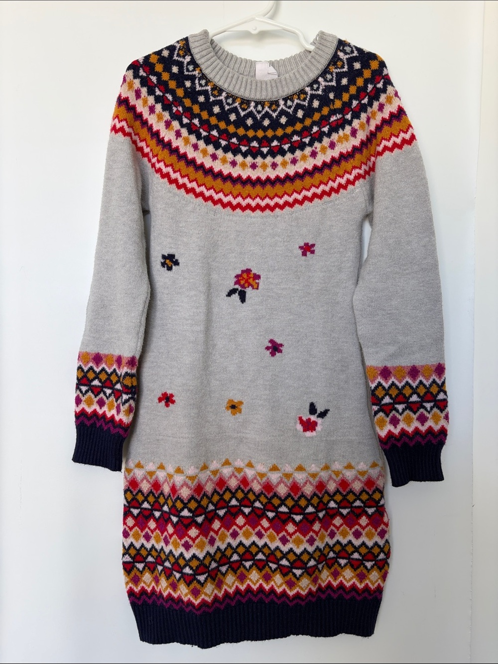 Deux par deux Light Gray Fair Isle Knit Sweater Dress with Floral Detail 7